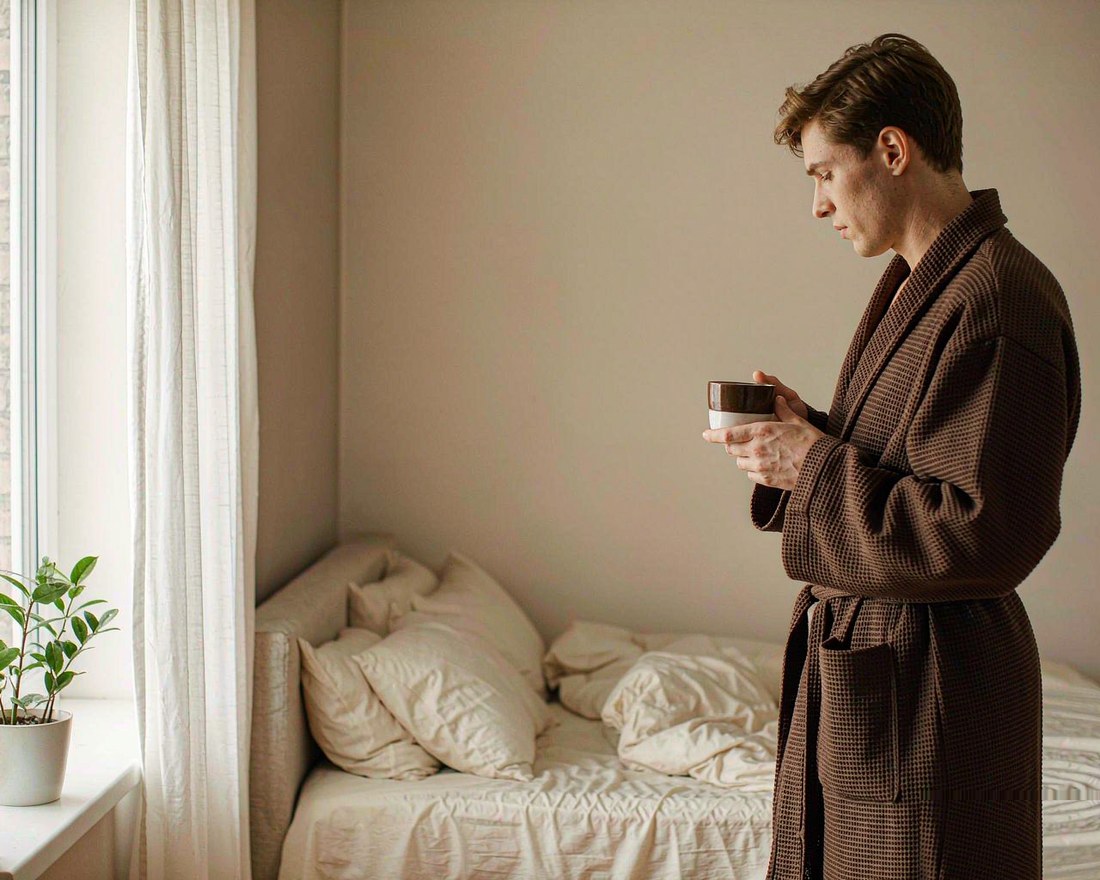 A man in an espresso waffle robe holding a cup by the window in the morning light